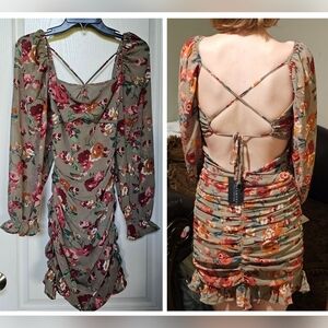 Women's RUCHED FLORAL MINI DRESS OPEN BACK XS